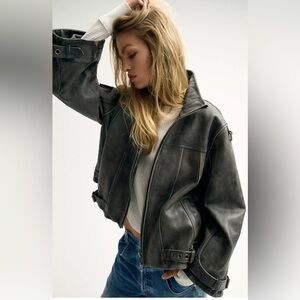 NWT Free People We the Free Skyline Oversized Leather Jacket Washed Black Small